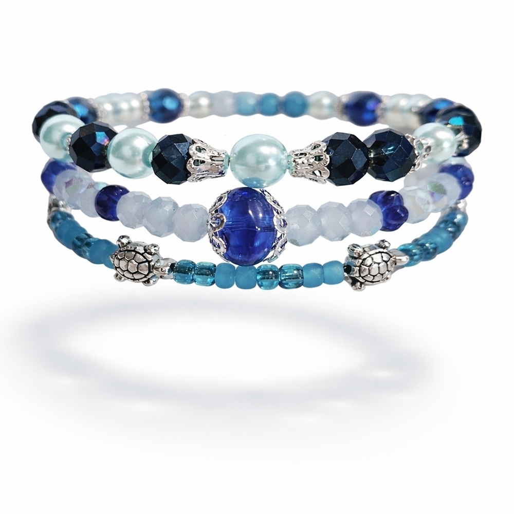 Ocean Theamed Blue Beaded Stackable  Bracelet Set